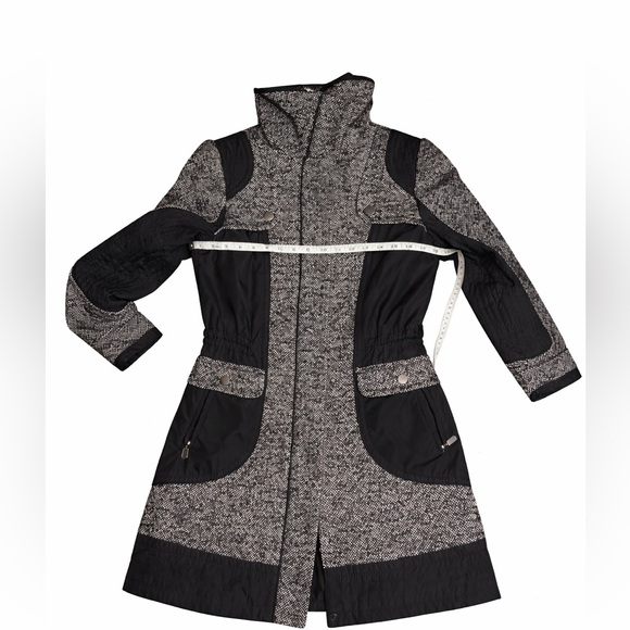 Heine Black & White Tweed Utility Coat | Drawstring Waist Long Jacket Size 8 - Picture 2 of 5